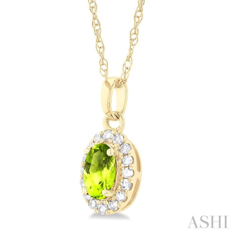 5x3 MM Oval Shape Peridot and 1/20 Ctw Single Cut Diamond Halo Semi-Precious Pendant with Chain in 10K Yellow Gold