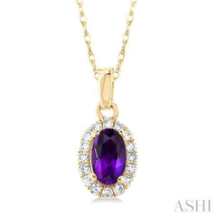 5x3 MM Oval Shape Amethyst and 1/20 Ctw Single Cut Diamond Halo Semi-Precious Pendant with Chain in 10K Yellow Gold