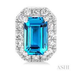 5x3 MM Octagonal Shape Blue Topaz and 1/8 Ctw Single Cut Diamond Halo Semi-Precious Stud Earrings in 10K White Gold