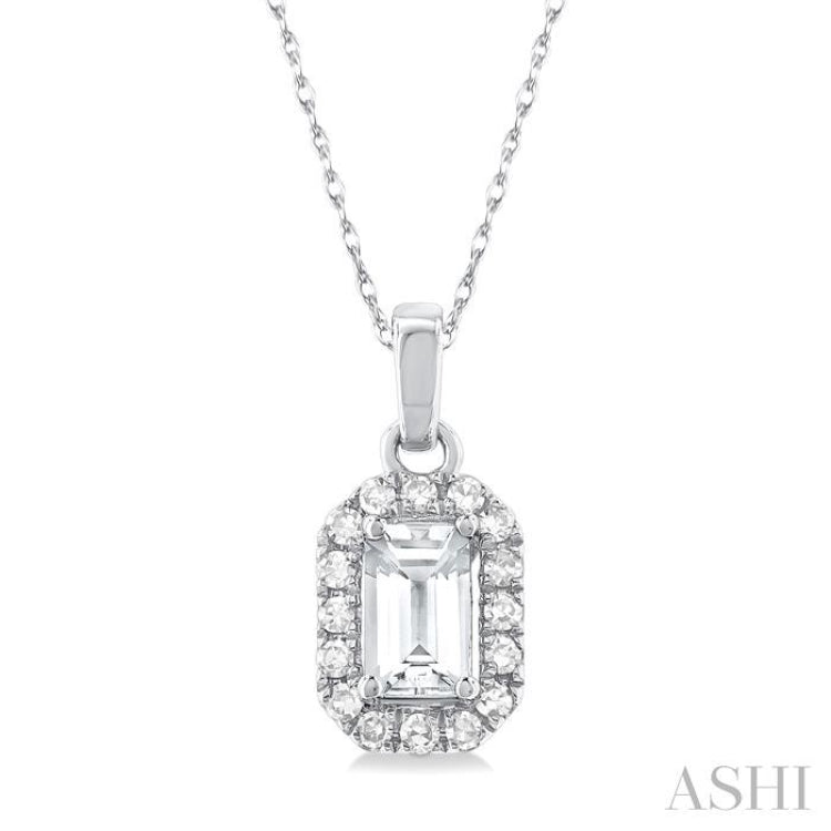 5x3 MM Octagonal Shape White Topaz and 1/20 Ctw Single Cut Diamond Halo Semi-Precious Pendant with Chain in 14K White Gold