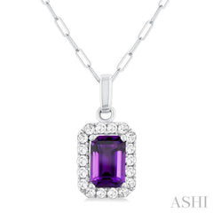 6x4 MM Octagonal Shape Amethyst and 1/6 Ctw Round Cut Diamond Halo Semi-Precious Pendant with Chain in 14K White Gold