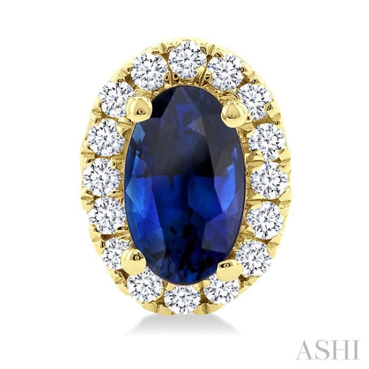 5x3 MM Oval Shape Sapphire and 1/8 Ctw Single Cut Diamond Halo Precious Stud Earrings in 10K Yellow Gold