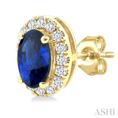5x3 MM Oval Shape Sapphire and 1/8 Ctw Single Cut Diamond Halo Precious Stud Earrings in 10K Yellow Gold