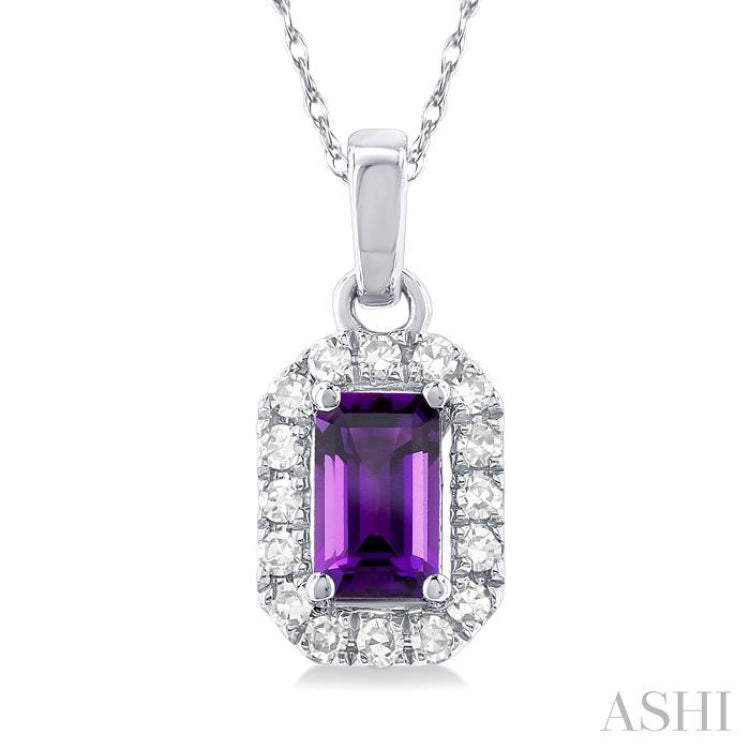5x3 MM Octagonal Shape Amethyst and 1/20 Ctw Single Cut Diamond Halo Semi-Precious Pendant with Chain in 10K White Gold