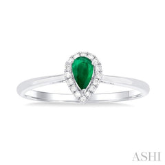 5x3 MM Pear Shape Emerald and 1/20 Ctw Single Cut Diamond Halo Precious Ring in 10K White Gold