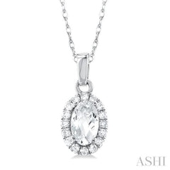 5x3 MM Oval Shape White Topaz and 1/20 Ctw Single Cut Diamond Halo Semi-Precious Pendant with Chain in 10K White Gold