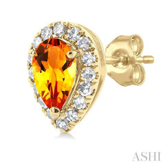 5x3 MM Pear Shape Citrine and 1/8 Ctw Single Cut Diamond Halo Semi-Precious Stud Earrings in 10K Yellow Gold