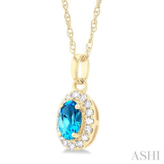 5x3 MM Oval Shape Blue Topaz and 1/20 Ctw Single Cut Diamond Halo Semi-Precious Pendant with Chain in 10K Yellow Gold