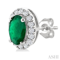 5x3 MM Oval Shape Emerald and 1/8 Ctw Single Cut Diamond Halo Precious Stud Earrings in 10K White Gold