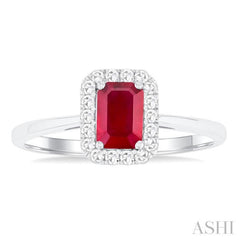 6x4 MM Octagonal Shape Ruby and 1/6 Ctw Round Cut Diamond Halo Precious Ring in 10K White Gold