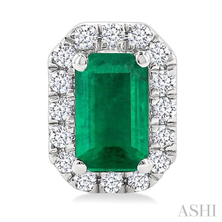 5x3 MM Octagonal Shape Emerald and 1/8 Ctw Single Cut Diamond Halo Precious Stud Earrings in 14K White Gold