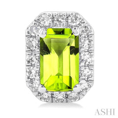 5x3 MM Octagonal Shape Peridot and 1/8 Ctw Single Cut Diamond Halo Semi-Precious Stud Earrings in 14K White Gold
