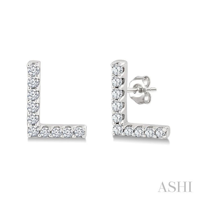1/10 Ctw Initial 'L' Single Cut Diamond Earrings in 10K White Gold