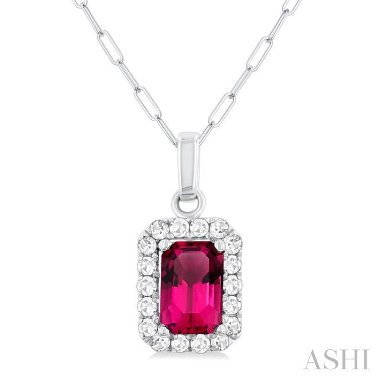 6x4 MM Octagonal Shape Pink Tourmaline and 1/6 Ctw Round Cut Diamond Halo Semi-Precious Pendant with Chain in 14K White Gold