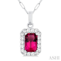 6x4 MM Octagonal Shape Pink Tourmaline and 1/6 Ctw Round Cut Diamond Halo Semi-Precious Pendant with Chain in 14K White Gold