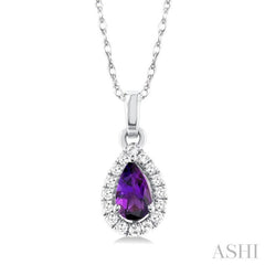 5x3 MM Pear Shape Amethyst and 1/20 Ctw Single Cut Diamond Halo Semi-Precious Pendant with Chain in 14K White Gold