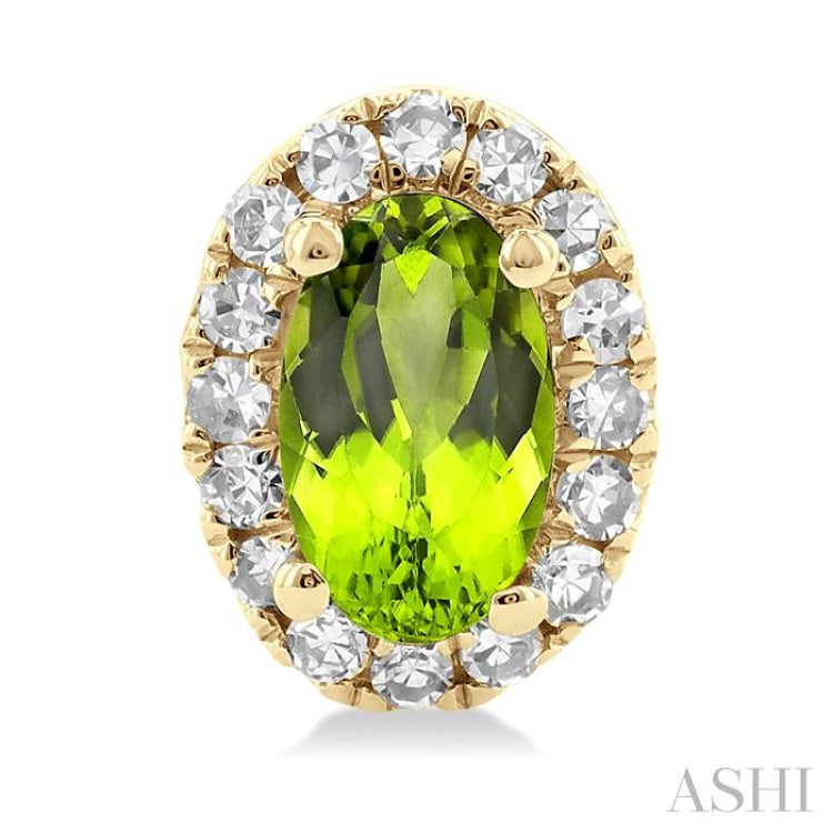 5x3 MM Oval Shape Peridot and 1/8 Ctw Round Cut Diamond Halo Semi-Precious Stud Earrings in 14K Yellow Gold