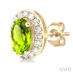 5x3 MM Oval Shape Peridot and 1/8 Ctw Round Cut Diamond Halo Semi-Precious Stud Earrings in 14K Yellow Gold