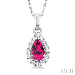 5x3 MM Pear Shape Pink Tourmaline and 1/20 Ctw Single Cut Diamond Halo Semi-Precious Pendant with Chain in 14K White Gold