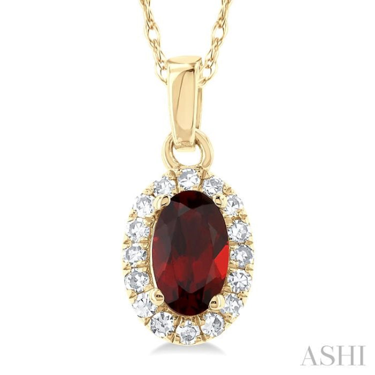 5x3 MM Oval Shape Garnet and 1/20 Ctw Single Cut Diamond Halo Semi-Precious Pendant with Chain in 10K Yellow Gold