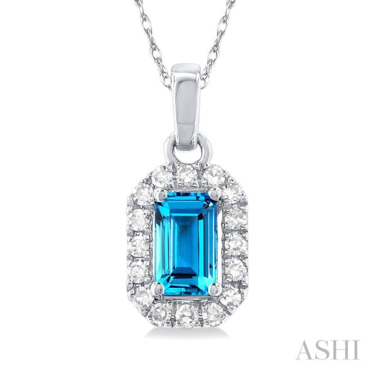 5x3 MM Octagonal Shape Blue Topaz and 1/20 Ctw Single Cut Diamond Halo Semi-Precious Pendant with Chain in 14K White Gold