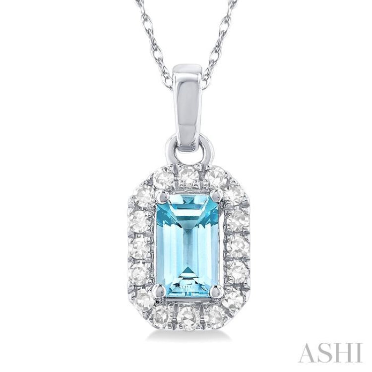 5x3 MM Octagonal Shape Aquamarine and 1/20 Ctw Single Cut Diamond Halo Semi-Precious Pendant with Chain in 10K White Gold