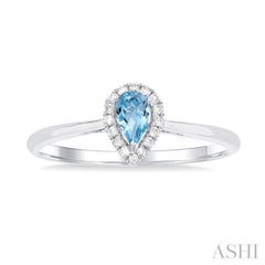 5x3 MM Pear Shape Aquamarine and 1/20 Ctw Single Cut Diamond Halo Semi-Precious Ring in 10K White Gold