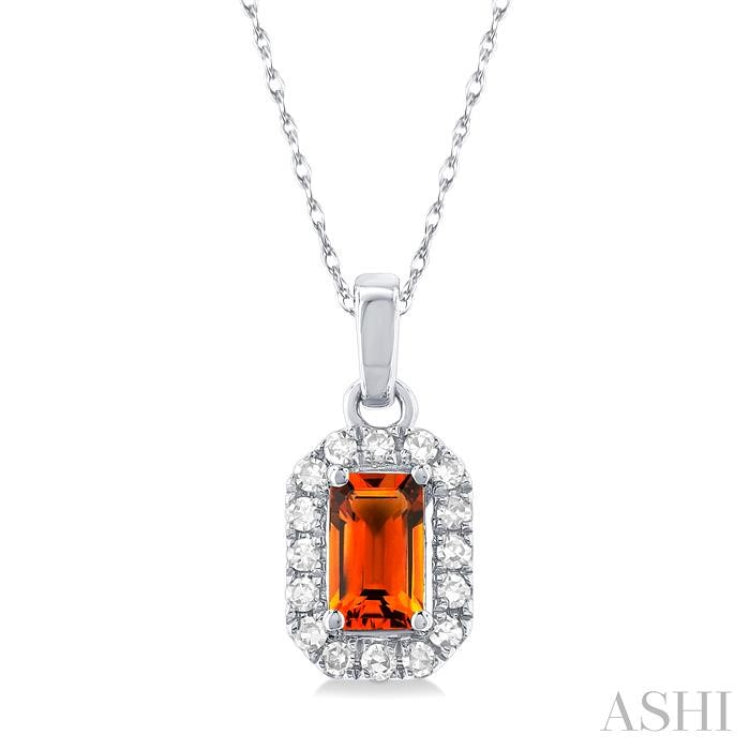 5x3 MM Octagonal Shape Citrine and 1/20 Ctw Single Cut Diamond Halo Semi-Precious Pendant with Chain in 14K White Gold