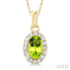 5x3 MM Oval Shape Peridot and 1/20 Ctw Single Cut Diamond Halo Semi-Precious Pendant with Chain in 14K Yellow Gold