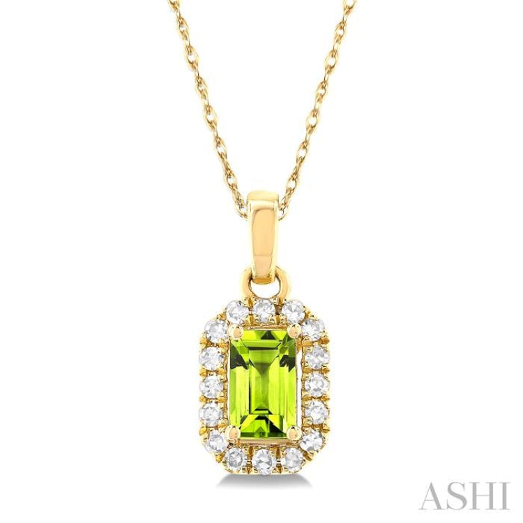 5x3 MM Octagonal Shape Peridot and 1/20 Ctw Single Cut Diamond Halo Semi-Precious Pendant with Chain in 10K Yellow Gold