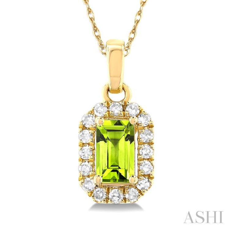 5x3 MM Octagonal Shape Peridot and 1/20 Ctw Single Cut Diamond Halo Semi-Precious Pendant with Chain in 10K Yellow Gold