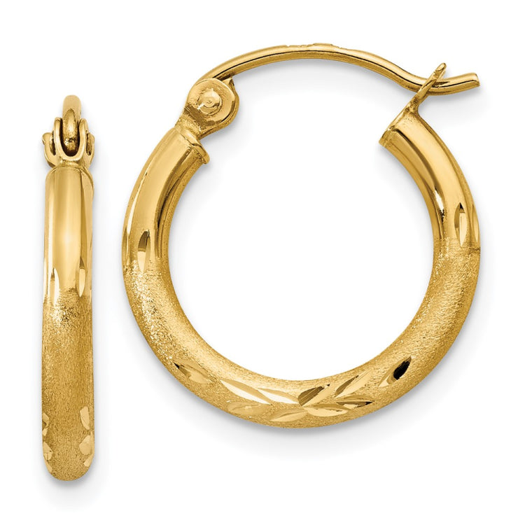 14k 2x15mm Satin Diamond-cut Round Tube Hoop Earrings