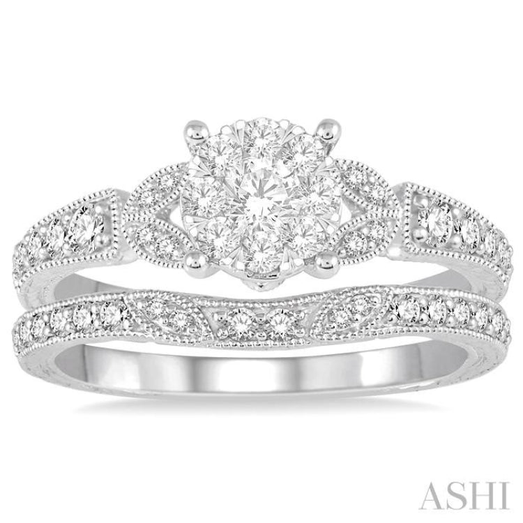 5/8 Ctw Round Cut Diamond Lovebright Wedding Set with 1/2 Ctw Engagement Ring and 1/6 Ctw Wedding Band in 14K White Gold