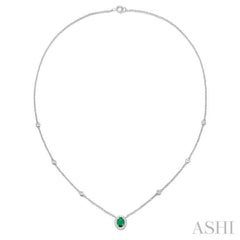 6x4 MM Oval Cut Emerald and 1/6 Ctw Round Cut Diamond Necklace in 14K White Gold