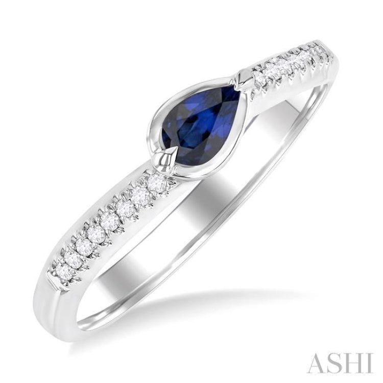 5x3 MM East-West Set Pear Cut Sapphire and 1/20 Ctw Single Cut Diamond Precious Fashion Ring in 14K White Gold