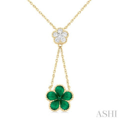 4x3 MM Pear Cut & 1.8 MM Round Emerald and 1/5 Ctw Round Cut Diamond Floral Blossom Precious Necklace in 14K Yellow Gold