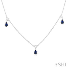 5x3 MM Pear Shape Sapphire and 1/8 Ctw Round Cut Diamonds Precious Station Necklace in 10K White Gold