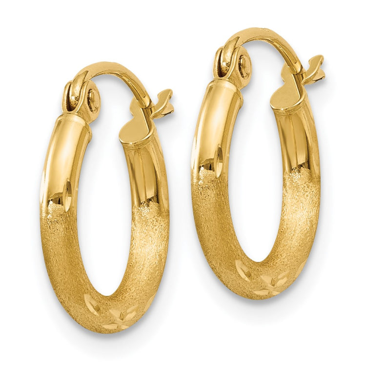 14k 2x13mm Satin Diamond-cut Round Tube Hoop Earrings
