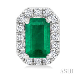 5x3 MM Octagonal Shape Emerald and 1/8 Ctw Single Cut Diamond Halo Precious Stud Earrings in 10K White Gold