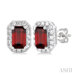 5x3 MM Octagonal Shape Garnet and 1/8 Ctw Single Cut Diamond Halo Semi-Precious Stud Earrings in 10K White Gold