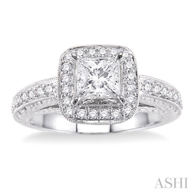 1 1/10 Ctw Diamond Engagement Ring with 3/4 Ct Princess Cut Center Stone in 14K White Gold