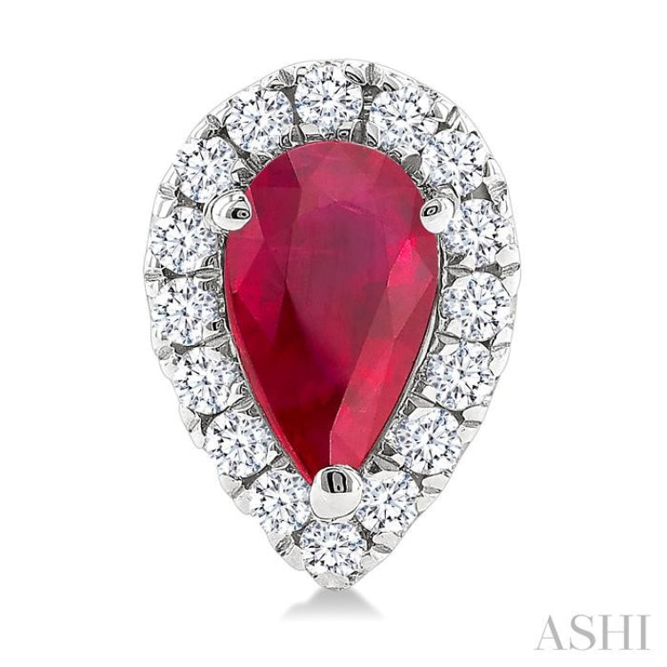 5x3 MM Pear Shape Ruby and 1/8 Ctw Round Cut Diamond Halo Precious Stud Earrings in 10K White Gold