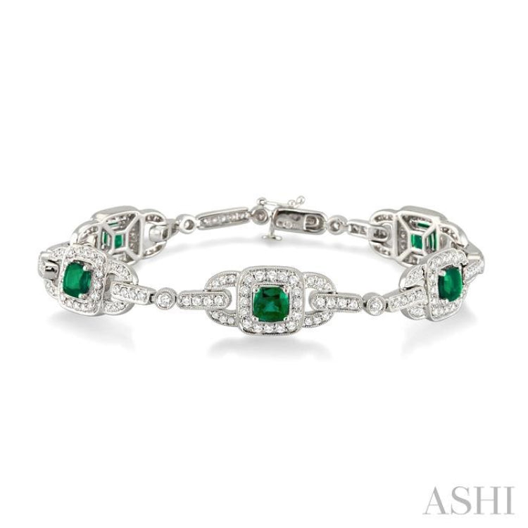 5x5 MM Cushion Cut Emerald and 2 Ctw Round Cut Diamond Precious Bracelet in 14K White Gold