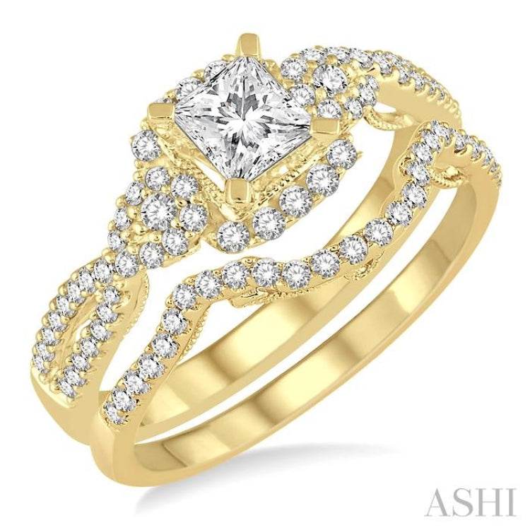 3/4 Ctw Diamond Bridal Set with 1/2 Ctw Princess Cut Engagement Ring and 1/6 Ctw Wedding Band in 14K Yellow Gold