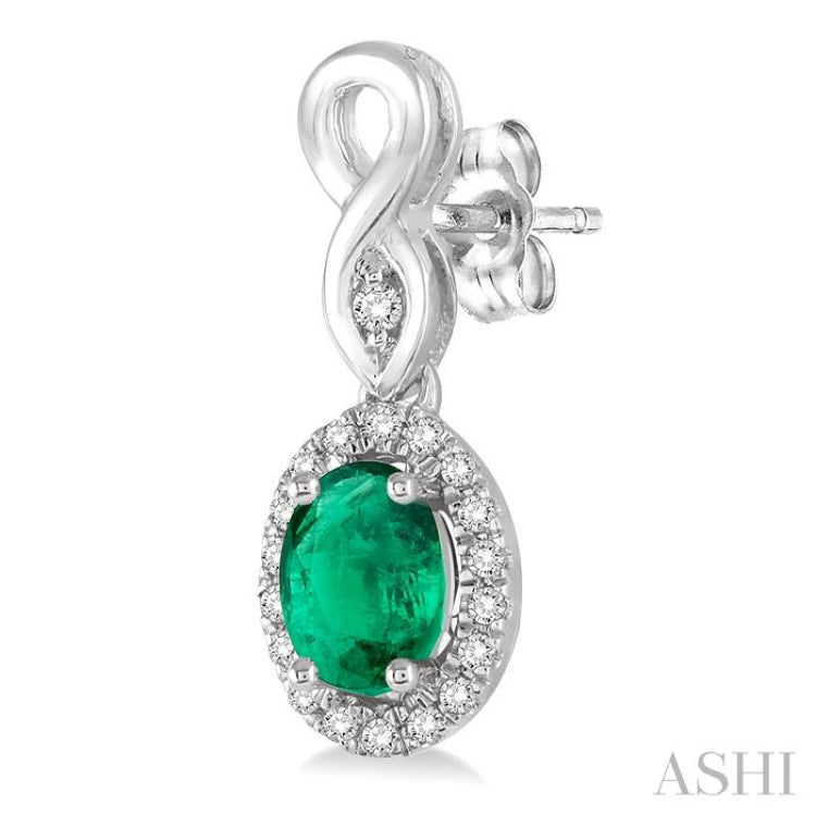 5x3 MM Oval Cut Emerald and 1/6 Ctw Round Cut Diamond Earrings in 14K White Gold
