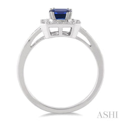 6x4 MM Emerald Shape Sapphire and 1/4 Ctw Round Cut Diamond Ring in 14K White Gold