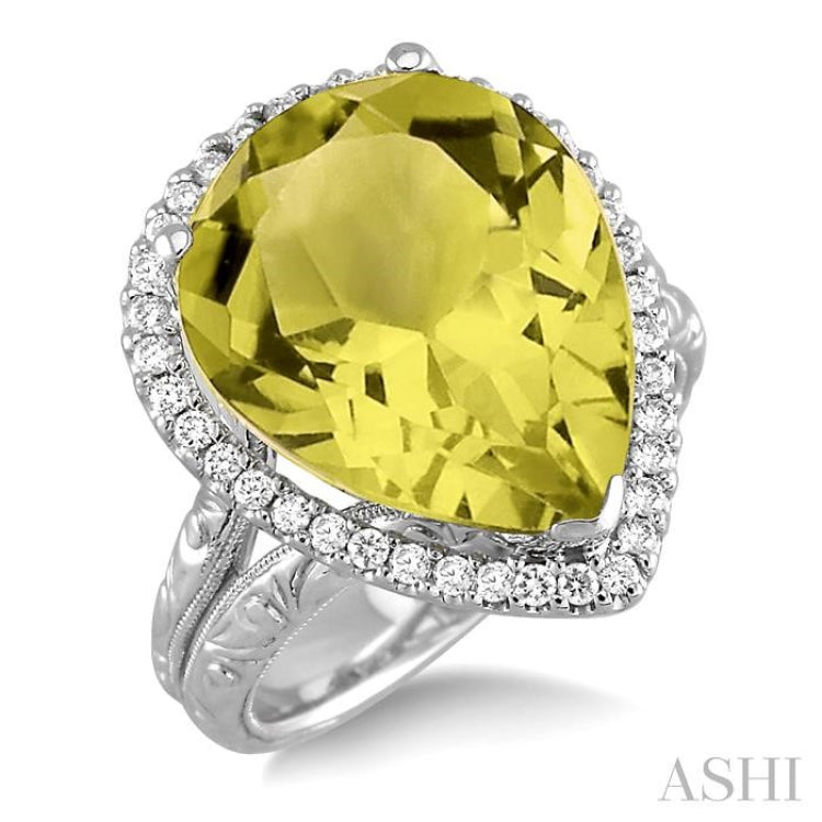 16x13 MM Pear Shape Lemon Quartz and 1/3 Ctw Round Cut Diamond Semi-Precious Ring in 14K White Gold