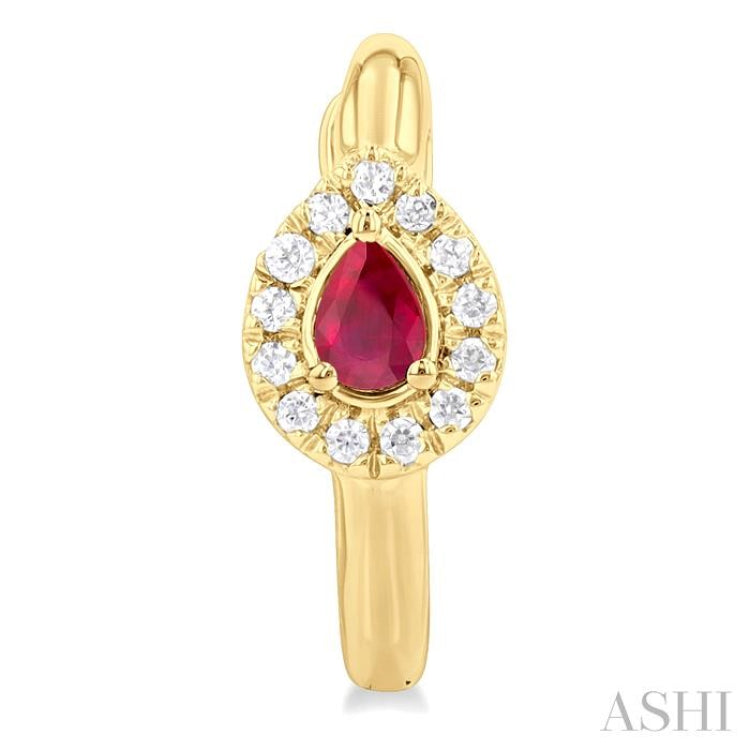 4X3 MM Pear Cut Ruby and 1/10 Ctw Petite Round Cut Halo Diamond Fashion Huggies in 10K Yellow Gold