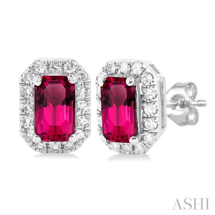 5x3 MM Octagonal Shape Pink Tourmaline and 1/8 Ctw Round Cut Diamond Halo Semi-Precious Stud Earrings in 10K White Gold