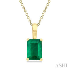 7X5MM Octagon Shape Emerald Precious Solitaire Pendant With Chain in 14K Yellow Gold